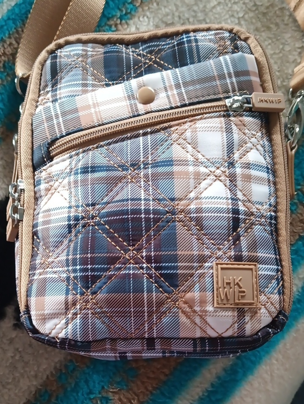 Quilted Plaid Crossbody Bag in Beige and Blue